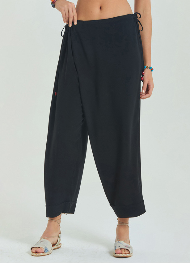 Rope Detailed Adjustable Waist Black Women's Viscose Trousers 4581